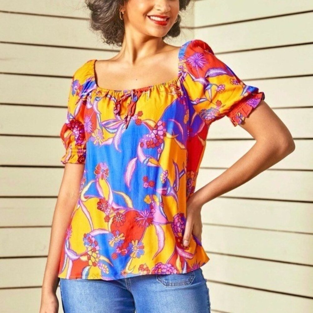 ModCloth In All My Vibrance Peasant Blouse Top 2X Orange Blue Multi Bali Floral